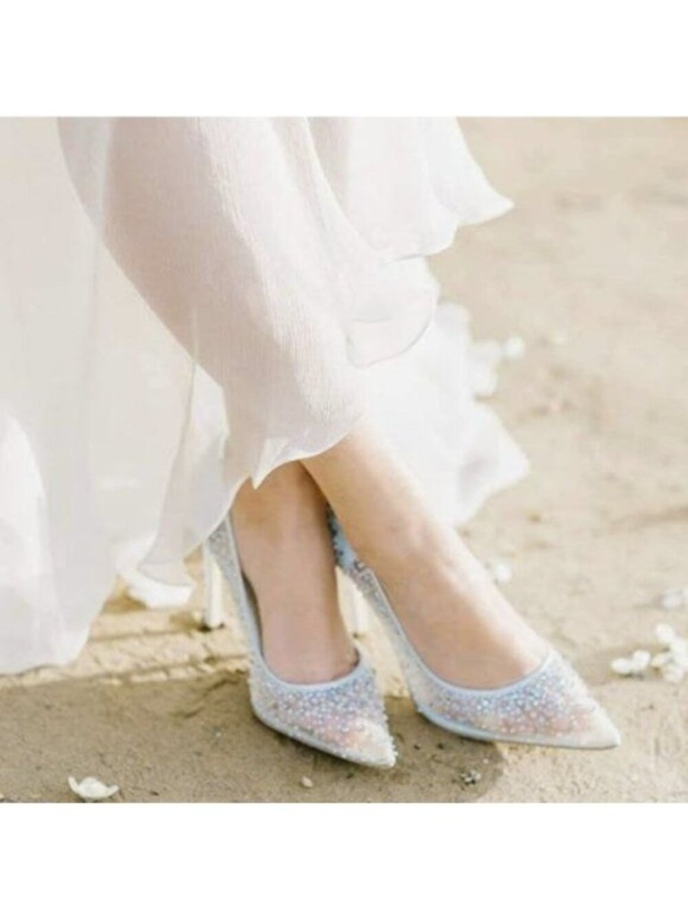 XYD Rhinestones Studded Stiletto High Heels Mesh Pumps for Women White Shoes